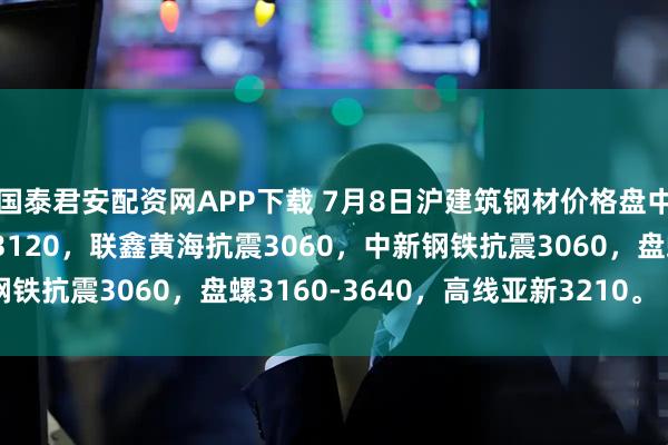 国泰君安配资网APP下载 7月8日沪建筑钢材价格盘中暂稳，现螺纹2990-3120，联鑫黄海抗震3060，中新钢铁抗震3060，盘螺3160-3640，高线亚新3210。（元/吨）
